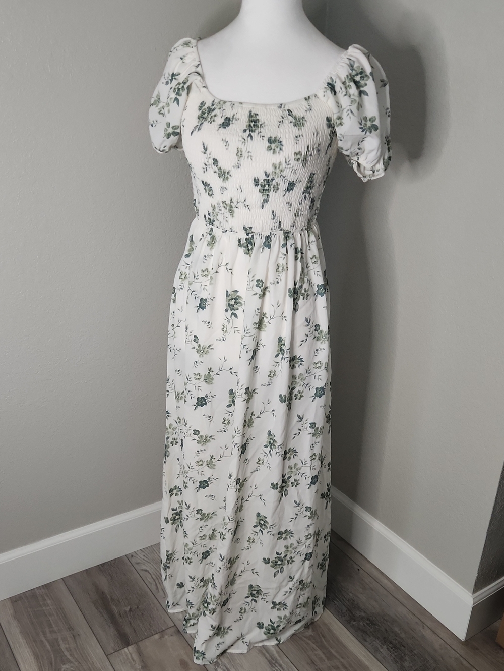 Pie In The Sky Cream With Green Floral Puff-Sleeve Maxi Dress
